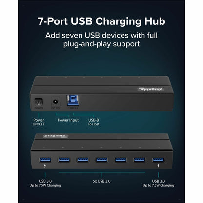 Plugable Technologies USB 3.0 7-Port Hub with Power Adapter and Blue LED Indicators