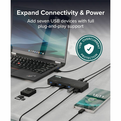 Plugable Technologies USB 3.0 7-Port Hub with Power Adapter and Blue LED Indicators