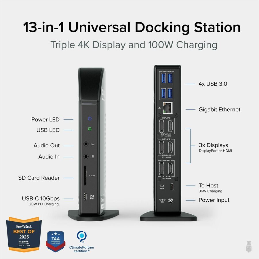 Plugable Technologies UD-ULTC4K USB-C Triple 4K Monitor Docking Station with 100W Power Delivery