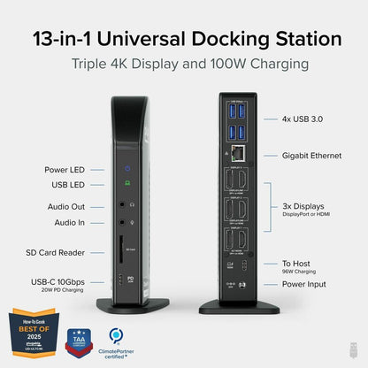Plugable Technologies UD-ULTC4K USB-C Triple 4K Monitor Docking Station with 100W Power Delivery