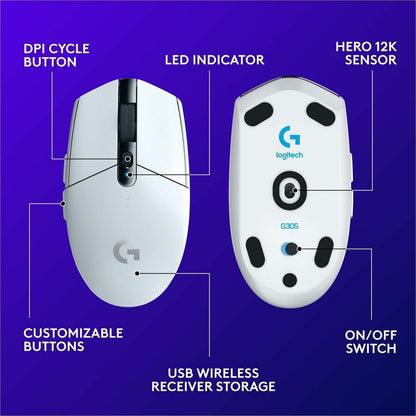 Logitech G305 LIGHTSPEED Wireless Gaming Mouse with HERO Sensor and 12,000 DPI – White