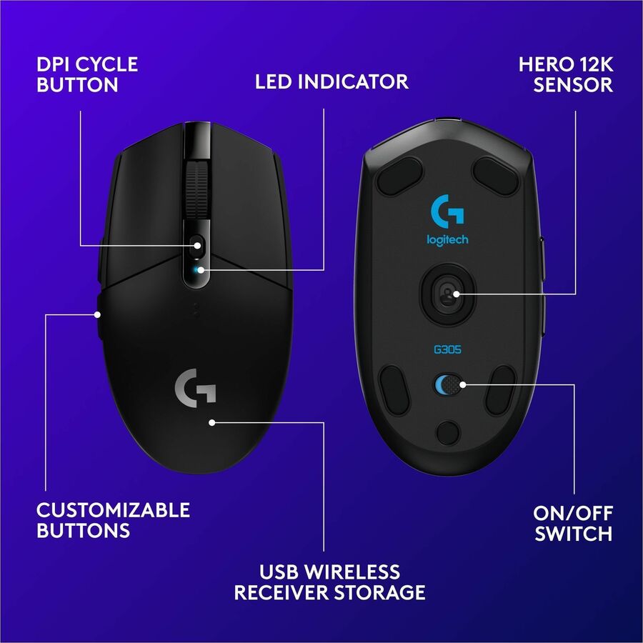 Logitech G305 LIGHTSPEED Wireless Gaming Mouse with HERO Sensor – 12,000 DPI, 6 Programmable Buttons, Black