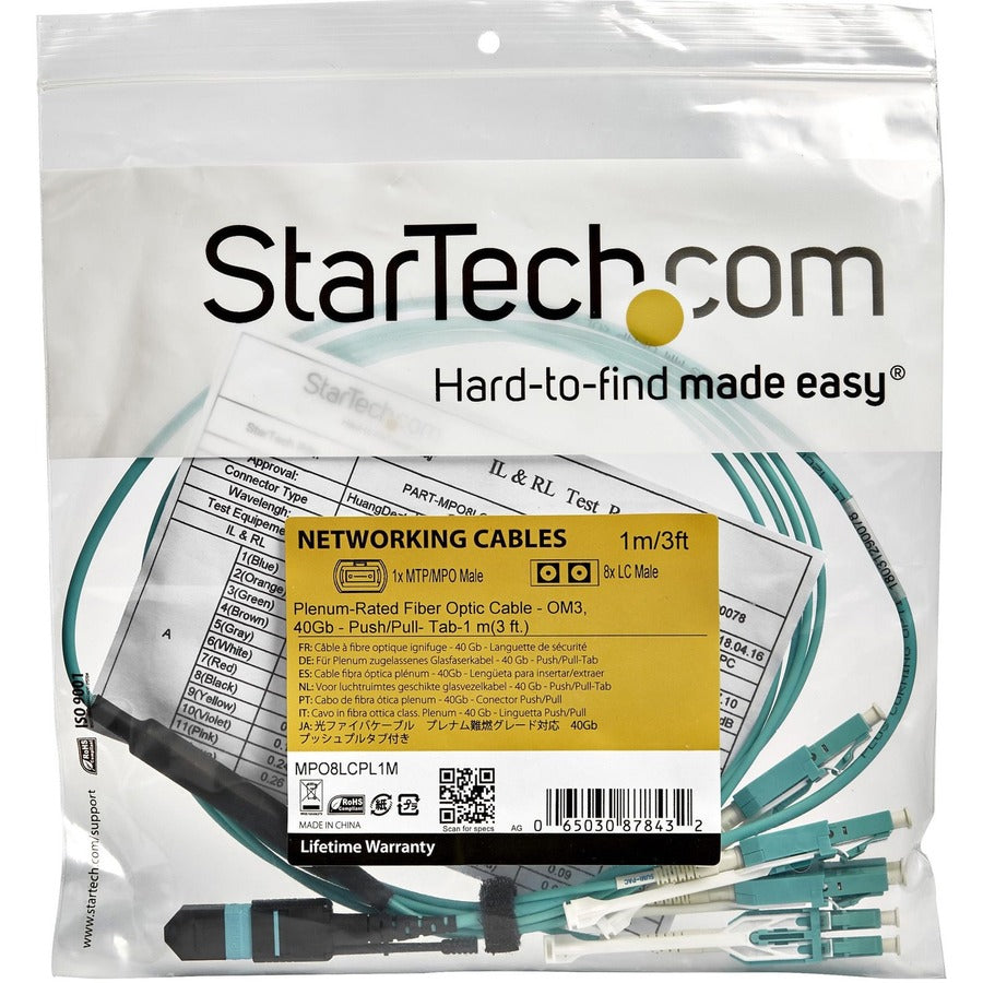 StarTech.com 3m (10ft) MTP(F)/PC to 4x LC/PC OM3 Multimode Fiber Optic Breakout Cable with 40Gbps Support