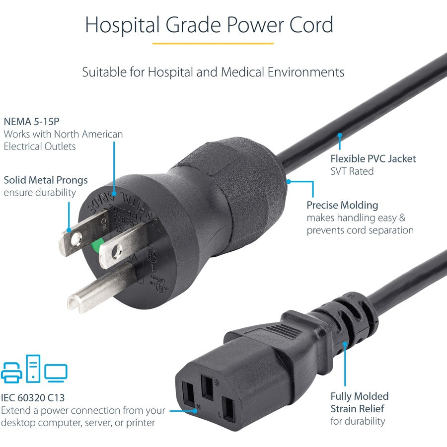 StarTech.com 10ft Hospital Grade Power Cord NEMA 5-15P to IEC 60320 C13, 125V 10A, 3 Meters
