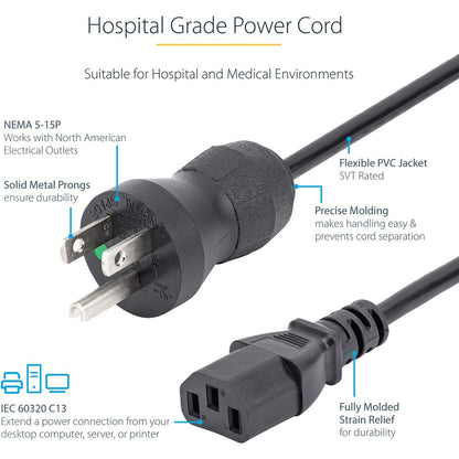 StarTech.com 10ft Hospital Grade Power Cord NEMA 5-15P to IEC 60320 C13, 125V 10A, 3 Meters