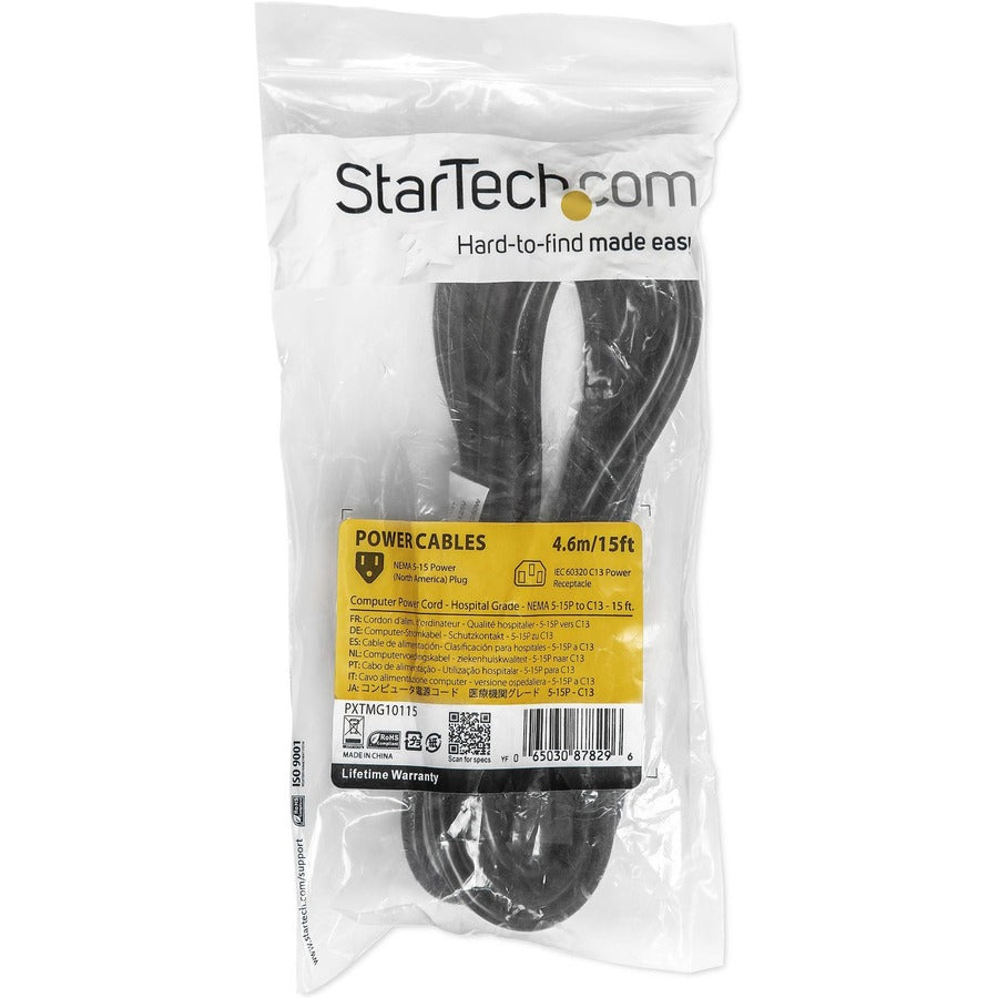 StarTech.com 15ft Hospital Grade Power Cord NEMA 5-15P to IEC C13 for Medical Equipment