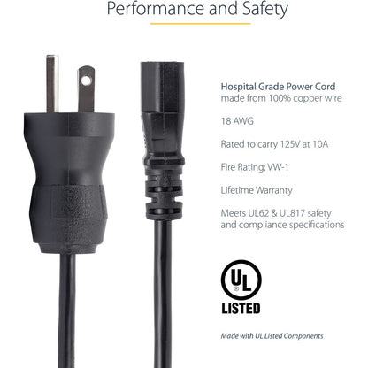 StarTech.com 15ft Hospital Grade Power Cord NEMA 5-15P to IEC C13 for Medical Equipment