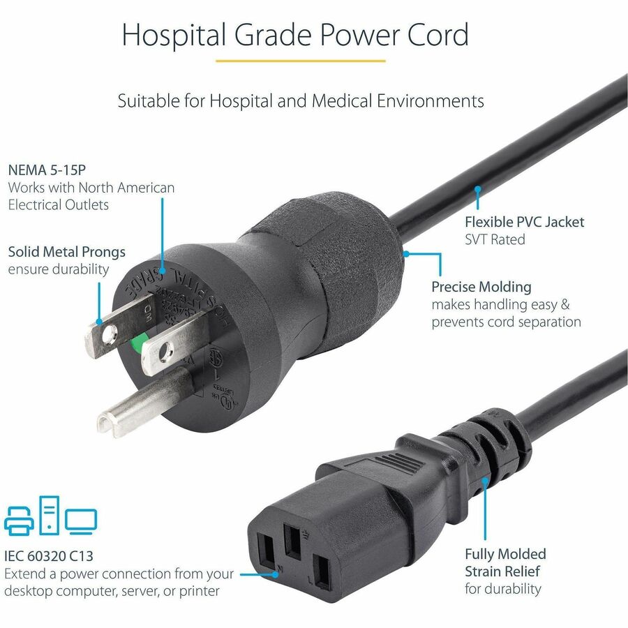 StarTech.com 3ft Hospital Grade Power Cord NEMA 5-15P to IEC C13 - Reliable Medical Equipment Power Cable