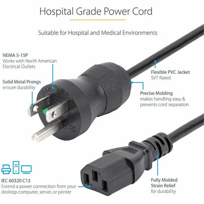 StarTech.com 3ft Hospital Grade Power Cord NEMA 5-15P to IEC C13 - Reliable Medical Equipment Power Cable