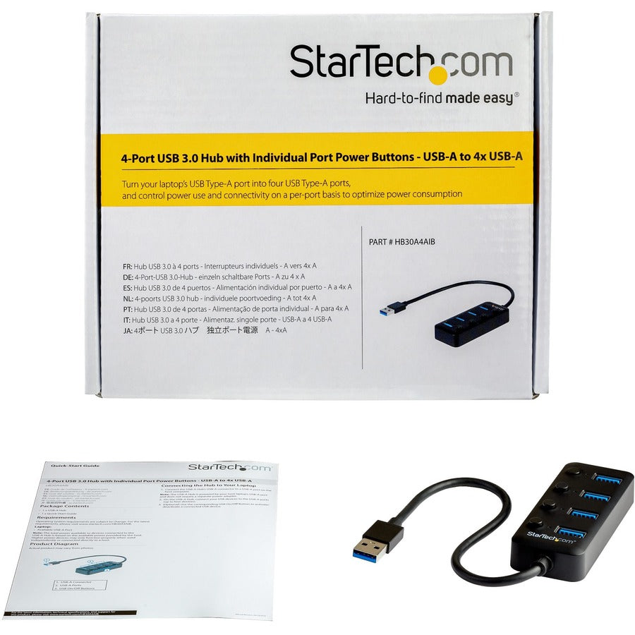 StarTech.com 4-Port USB 3.0 Hub with Individual On/Off Switches - Compact External USB Type-A Expansion