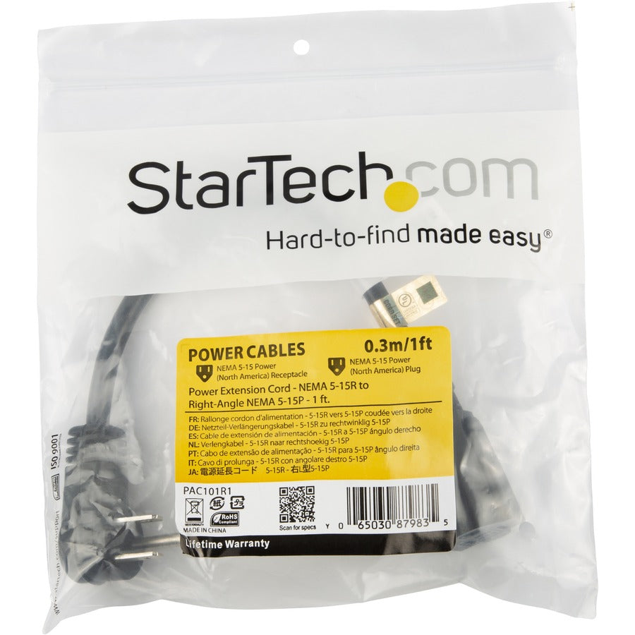 StarTech.com 1ft Power Extension Cord with Right-Angle NEMA 5-15P to NEMA 5-15R, 125V, 13A, Black