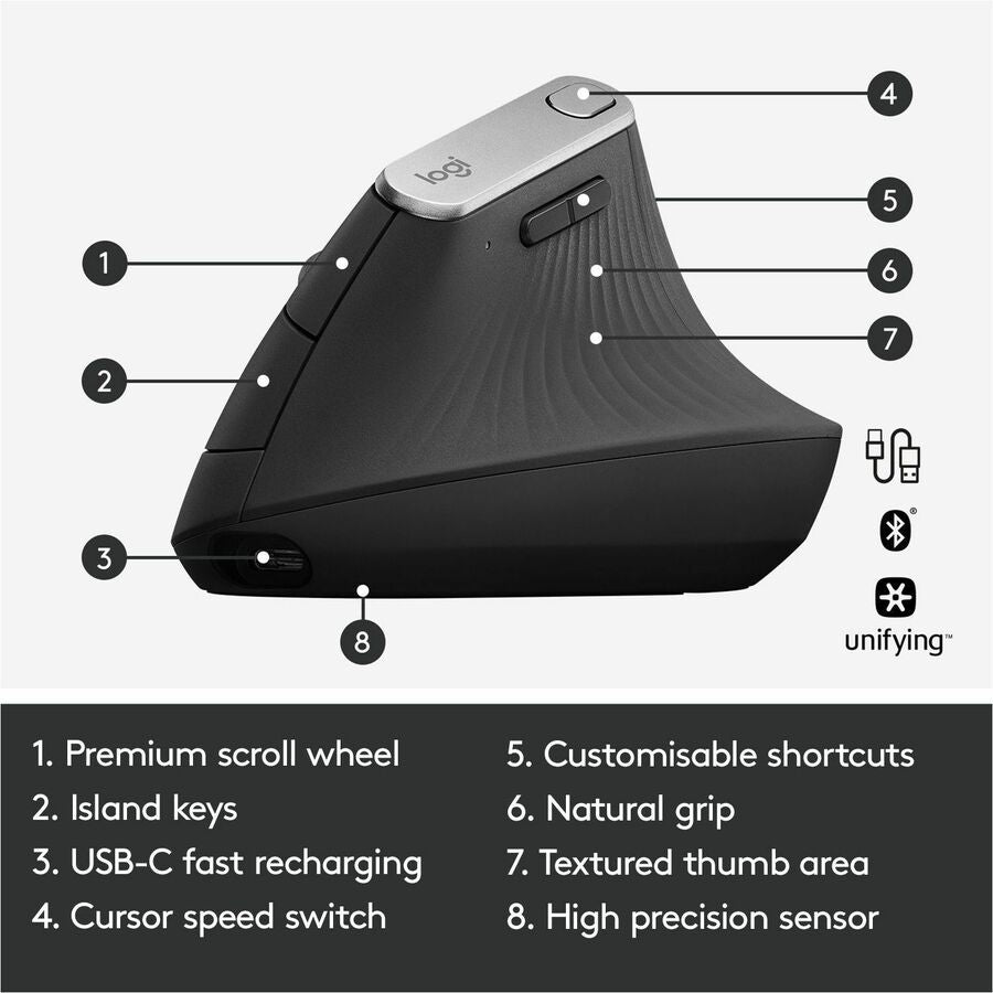 Logitech MX Vertical Wireless Ergonomic Mouse - Rechargeable with 4000 DPI Optical Tracking