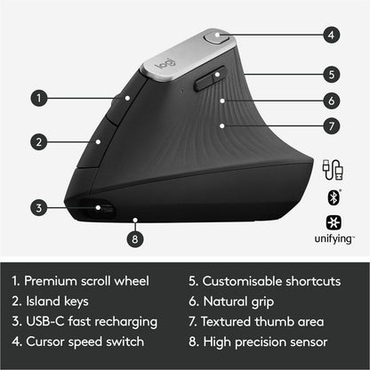 Logitech MX Vertical Wireless Ergonomic Mouse - Rechargeable with 4000 DPI Optical Tracking