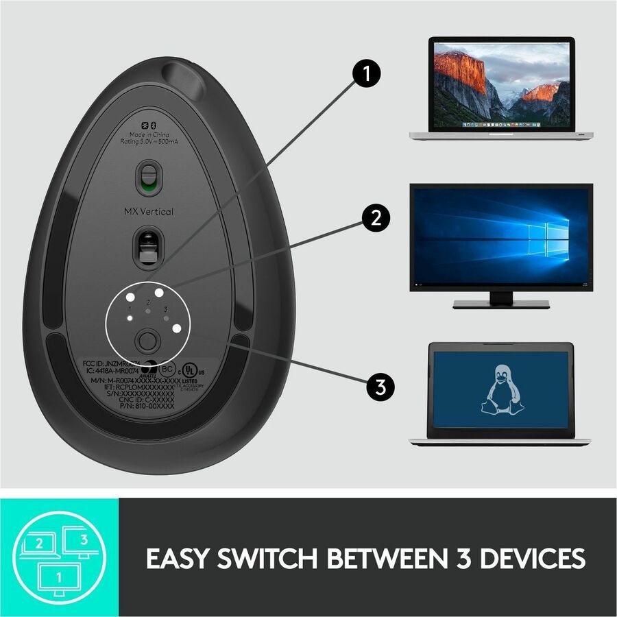 Logitech MX Vertical Wireless Ergonomic Mouse - Rechargeable with 4000 DPI Optical Tracking