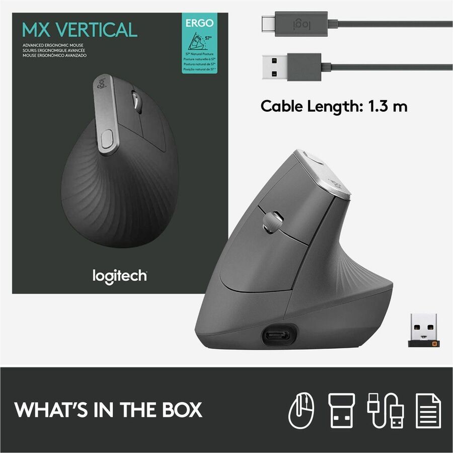 Logitech MX Vertical Wireless Ergonomic Mouse - Rechargeable with 4000 DPI Optical Tracking