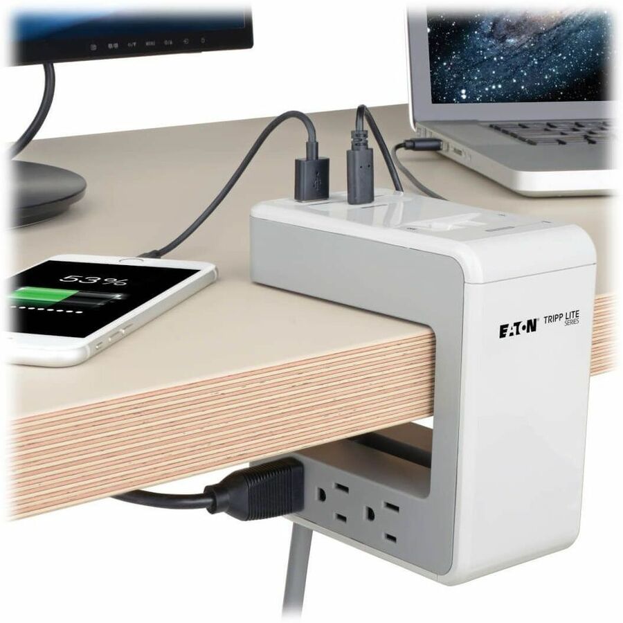 Eaton Tripp Lite Series 6-Outlet Surge Protector with USB-C and USB-A Charging Ports, 8 ft Power Cord, Desktop Clamp for Home and Office