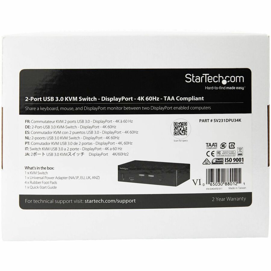 StarTech.com 2-Port DisplayPort KVM Switch - 4K 60Hz with USB 3.0 Hub and Audio Support