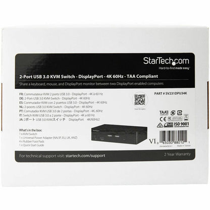 StarTech.com 2-Port DisplayPort KVM Switch - 4K 60Hz with USB 3.0 Hub and Audio Support
