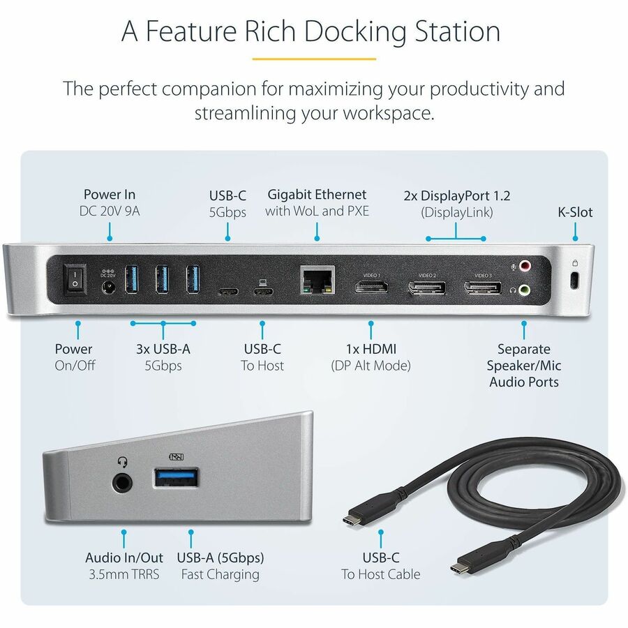 StarTech.com 4K USB-C Docking Station with Triple Monitor Support and 100W Power Delivery