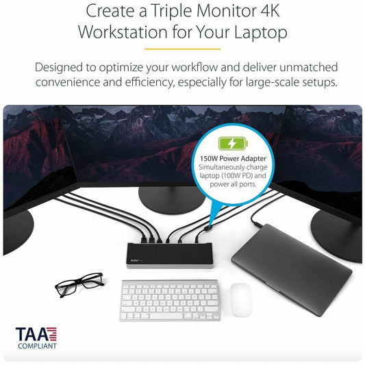 StarTech.com 4K USB-C Docking Station with Triple Monitor Support and 100W Power Delivery