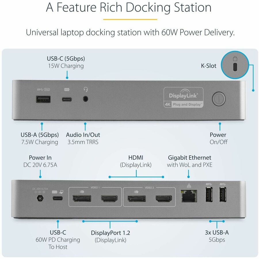 StarTech.com Universal Laptop Docking Station with Dual 4K Display Support – USB-C & USB-A, 60W Power Delivery
