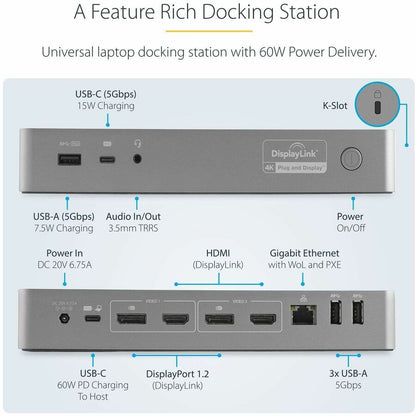 StarTech.com Universal Laptop Docking Station with Dual 4K Display Support – USB-C & USB-A, 60W Power Delivery