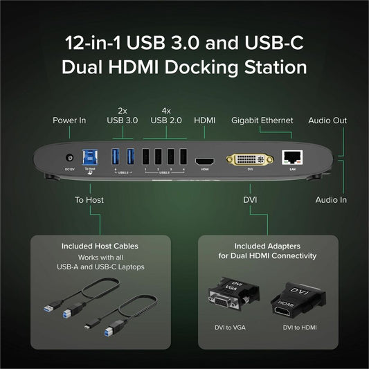 Plugable Technologies USB 3.0 Dual Monitor Horizontal Docking Station UD-3900H for Windows and Mac