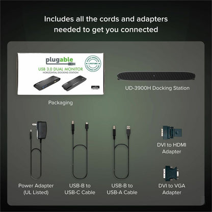 Plugable Technologies USB 3.0 Dual Monitor Horizontal Docking Station UD-3900H for Windows and Mac