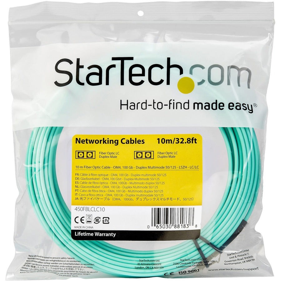 StarTech.com 10m (33ft) LC/LC OM4 Multimode Fiber Optic Patch Cable, 50/125µm, 100 Gbps Data Rate, LSZH Jacket