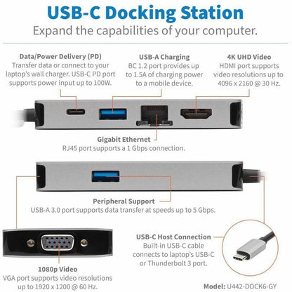 Eaton Tripp Lite Series U442-DOCK6-GY USB-C Docking Station with Dual 4K HDMI and Gigabit Ethernet
