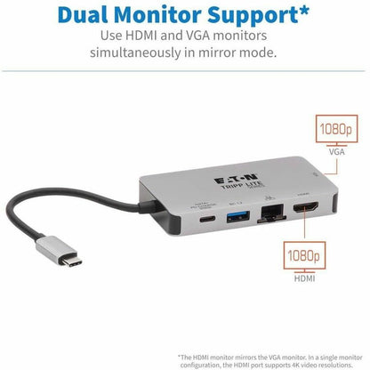 Eaton Tripp Lite Series U442-DOCK6-GY USB-C Docking Station with Dual 4K HDMI and Gigabit Ethernet