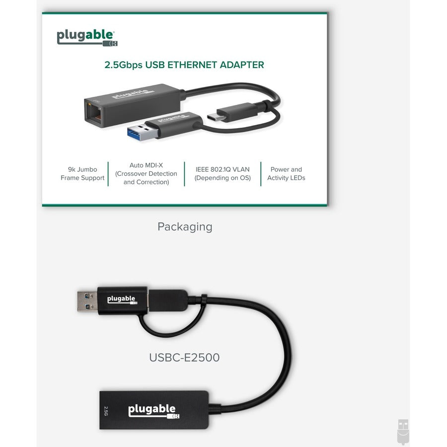 Plugable 2.5G USB-C and USB to Ethernet Adapter – Dual-Connector 2.5Gbps LAN with Auto Negotiation and Plug-and-Play Compatibility
