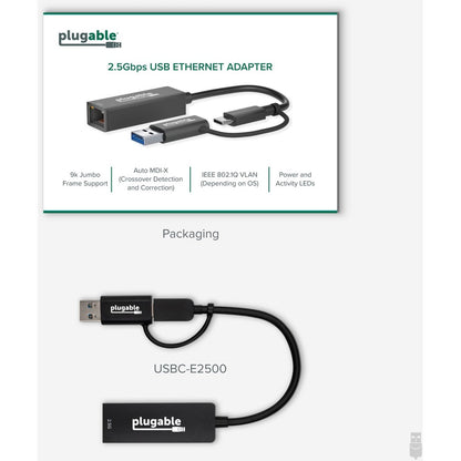 Plugable 2.5G USB-C and USB to Ethernet Adapter – Dual-Connector 2.5Gbps LAN with Auto Negotiation and Plug-and-Play Compatibility