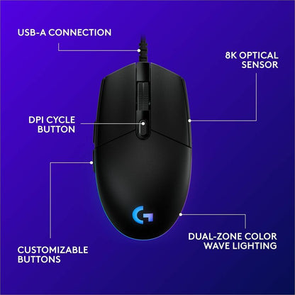 Logitech G203 Wired Gaming Mouse with 8,000 DPI and LIGHTSYNC RGB - Black
