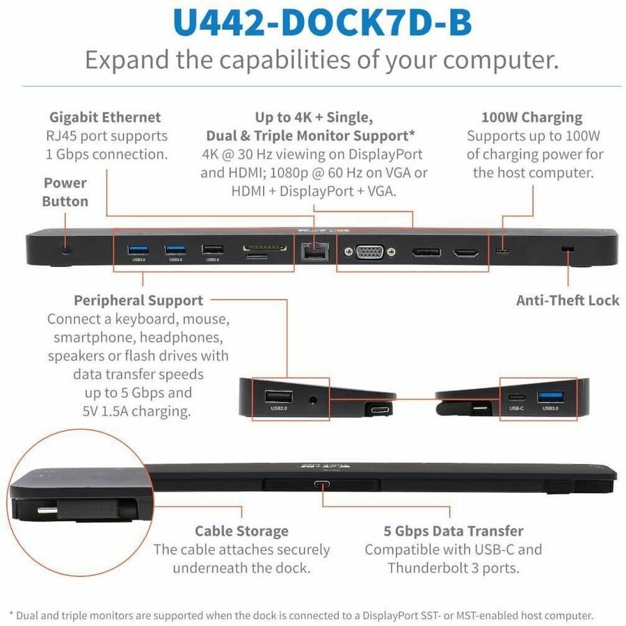 Eaton Tripp Lite Series U442-DOCK7D-B USB-C Docking Station with Triple 4K Display Support and 14 Ports