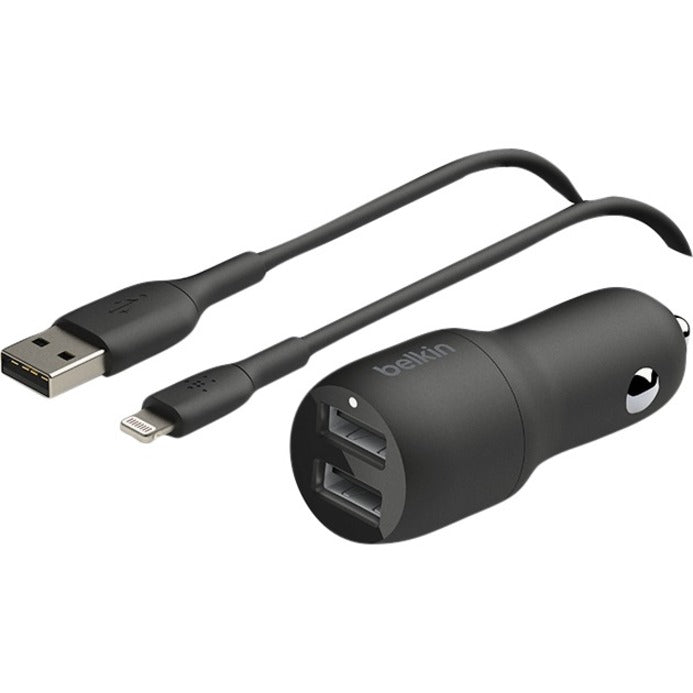 Belkin BoostCharge Dual USB-A Car Charger 24W with USB-C Cable – Fast Charging for Smartphones and Devices