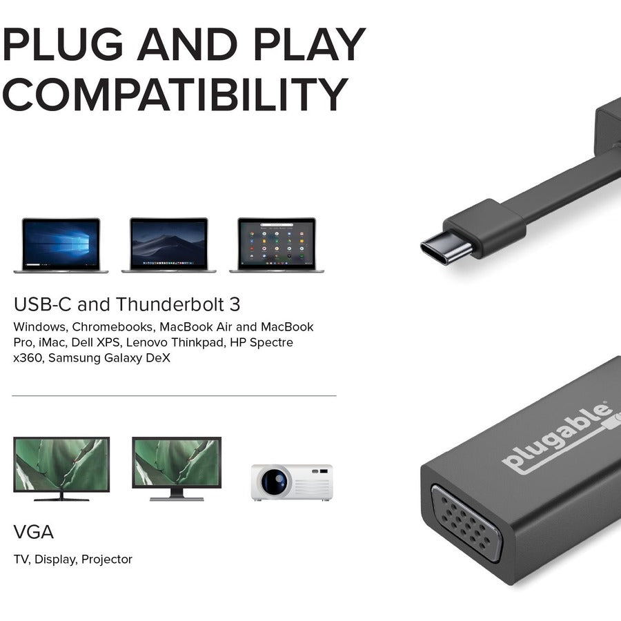 Plugable USB-C to VGA Adapter USBC-TVGA – Thunderbolt 3 Compatible Video Output for Windows, Mac, Chromebook, and More