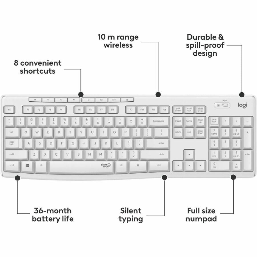 Logitech MK295 Silent Wireless Keyboard and Mouse Combo with SilentTouch Technology - Off White