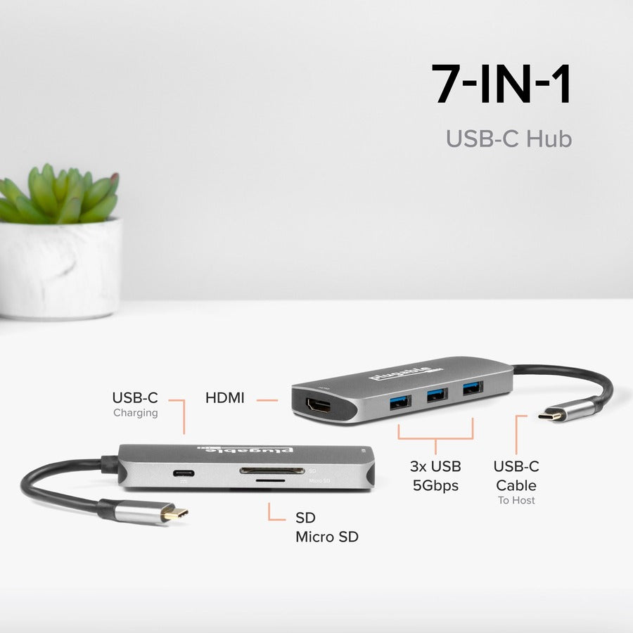 Plugable USB-C 7-in-1 Hub Multiport Adapter with 4K HDMI, USB 3.0 Ports, SD & microSD Card Slots, and 100W Power Delivery