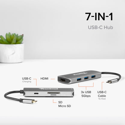 Plugable USB-C 7-in-1 Hub Multiport Adapter with 4K HDMI, USB 3.0 Ports, SD & microSD Card Slots, and 100W Power Delivery