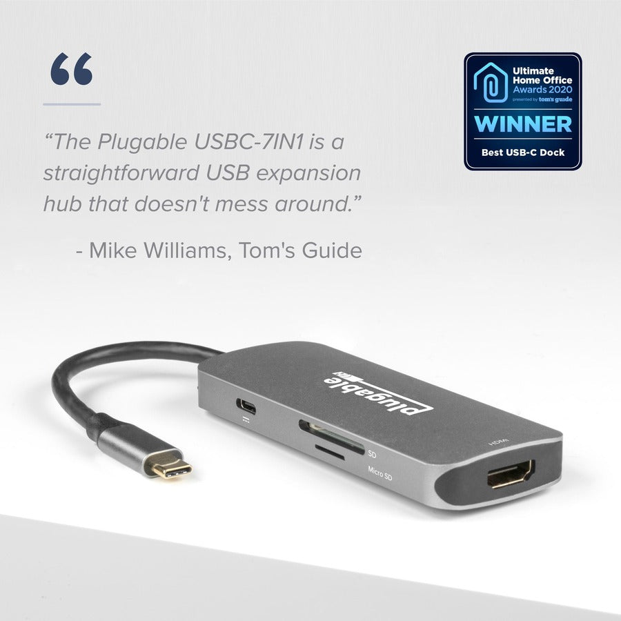 Plugable USB-C 7-in-1 Hub Multiport Adapter with 4K HDMI, USB 3.0 Ports, SD & microSD Card Slots, and 100W Power Delivery