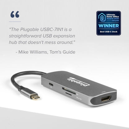 Plugable USB-C 7-in-1 Hub Multiport Adapter with 4K HDMI, USB 3.0 Ports, SD & microSD Card Slots, and 100W Power Delivery