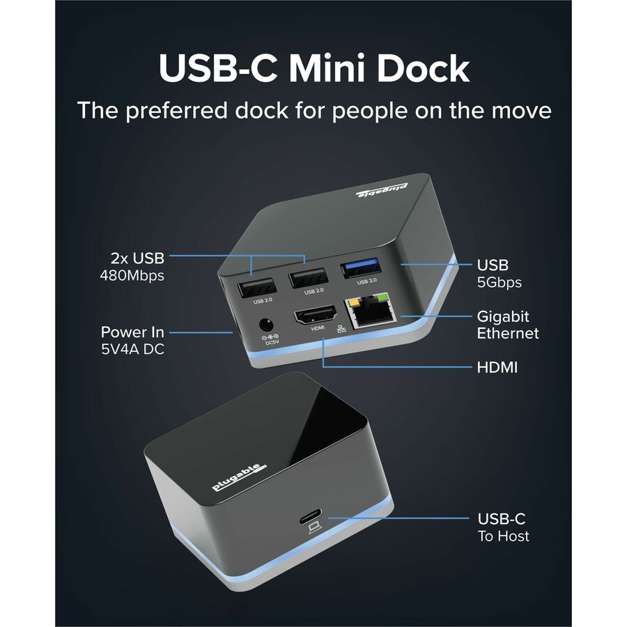 Plugable UD-CUBE Mini Docking Station with HDMI, Gigabit Ethernet, and USB 3.1 for USB-C and Thunderbolt 3 Laptops