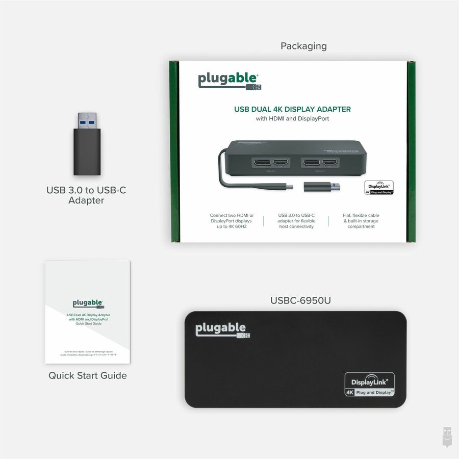 Plugable USB 3.0 & USB-C Dual 4K DisplayLink Monitor Adapter (USBC-6950U)