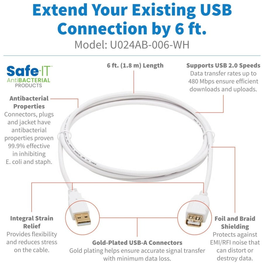 Eaton Tripp Lite Series 6 ft. USB 2.0 Antibacterial Extension Cable (A M/F), White