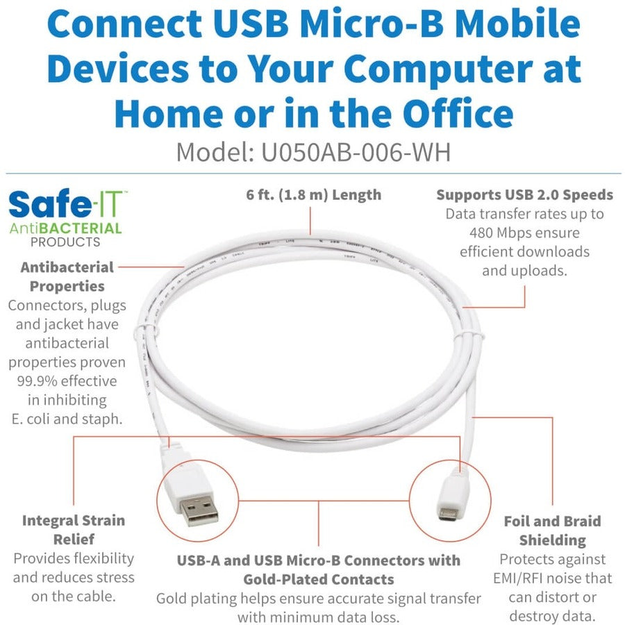 Eaton Tripp Lite Series Safe-IT USB 2.0 A to Micro-B Antibacterial Cable, 6 ft, White
