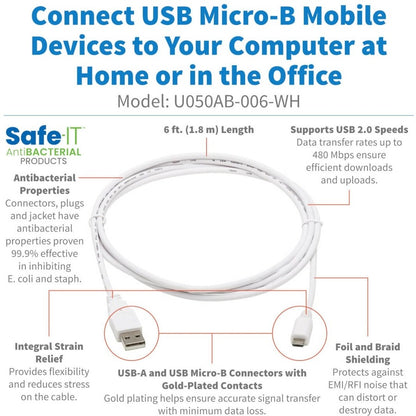 Eaton Tripp Lite Series Safe-IT USB 2.0 A to Micro-B Antibacterial Cable, 6 ft, White
