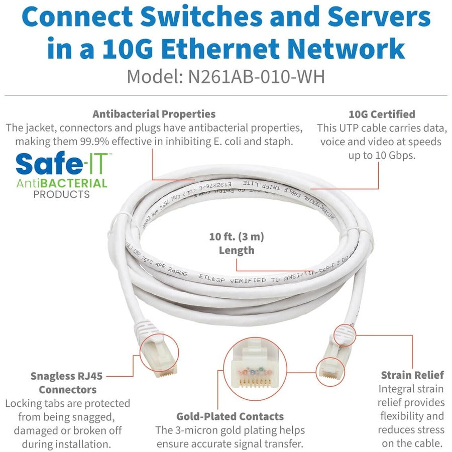 Eaton Tripp Lite Series N261AB-010-WH Cat6a 10G Ethernet Cable with Snagless RJ45 Connectors, 10 ft, White