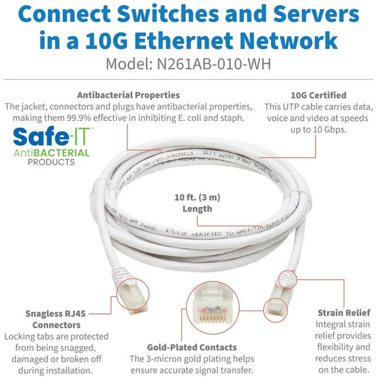 Eaton Tripp Lite Series N261AB-010-WH Cat6a 10G Ethernet Cable with Snagless RJ45 Connectors, 10 ft, White
