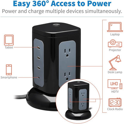 Eaton Tripp Lite Series Protect It! TLP606UCTOWER 6-Outlet Surge Protector Tower with USB-C and USB-A Ports, 1800 Joules, 8 ft. Cord